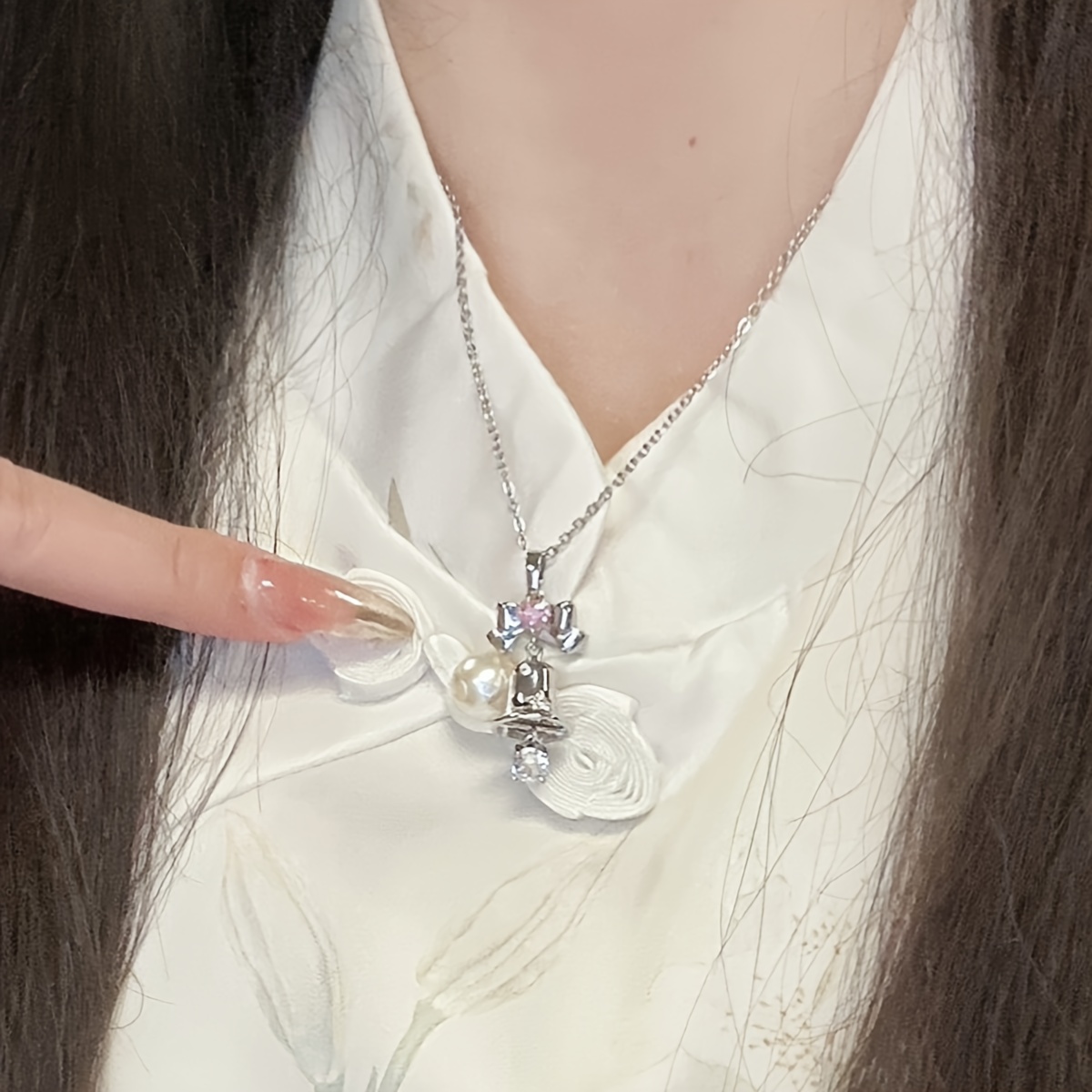 Women's Rose Flower Necklace with Bell and Bow Pendant